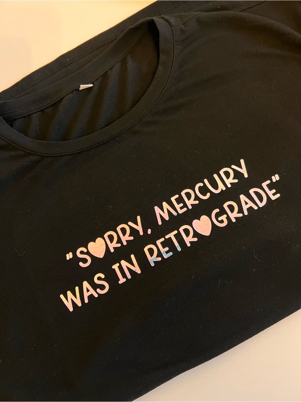Women’s L Black Graphic Tee with Holographic Lettering